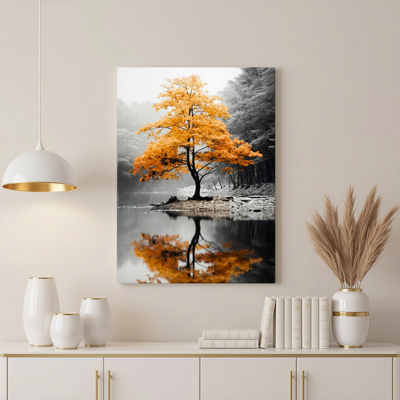 Automne érable avec réflexion sur toile tendue sur toile, ensemble de 1, H 24 po x l 16 po