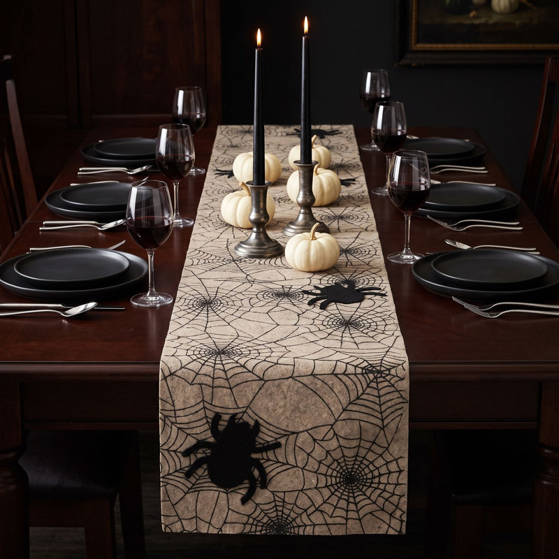 Hand Felted Wool Halloween Spider Web Table Runner - 14x72"