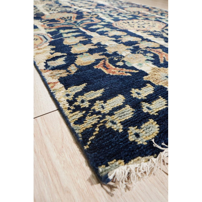 5x8 Blue Hand-Knotted Wool Floral Pomegranate Columns Geometric Modern Contemporary Carpet Rug