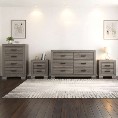 4-Piece Grey Oak Contemporary Bedroom Set with Dresser, Chest, and 2 Nightstands