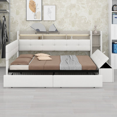 Upholstered Daybed with Storage Footstool, Shelves, 2 Drawers, USB Charging  LED Lighting
