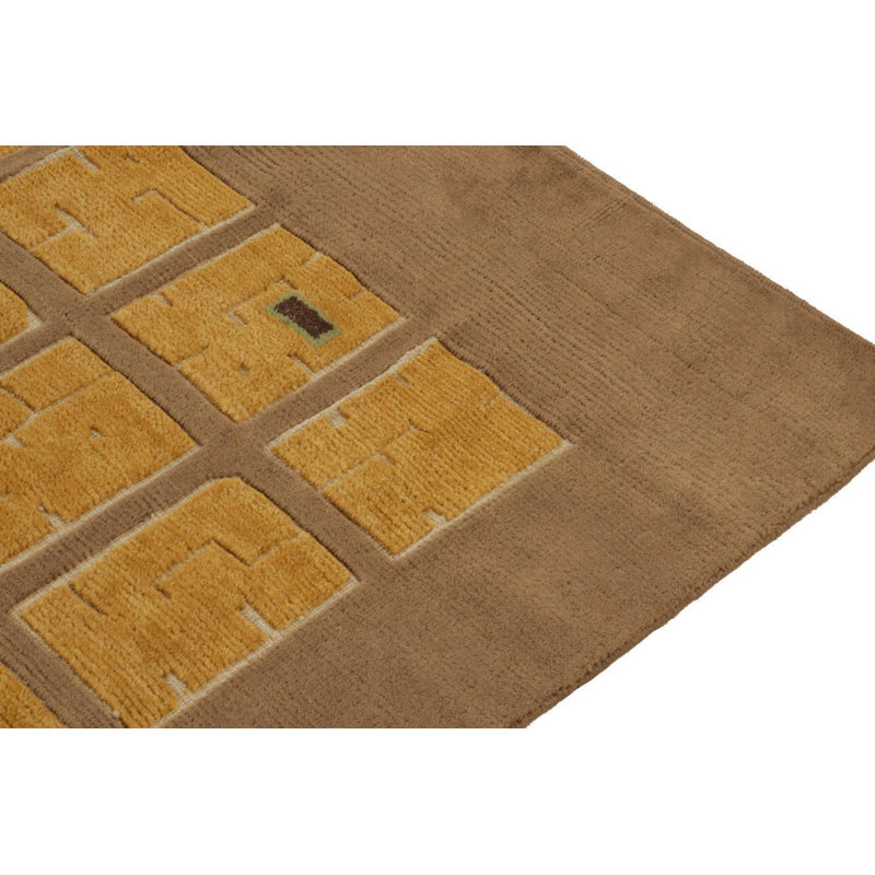 Rug & Kilim’S French Art Deco Rug In Beige-Brown With Gold Square Patterns, Rectangle 12' x 15'