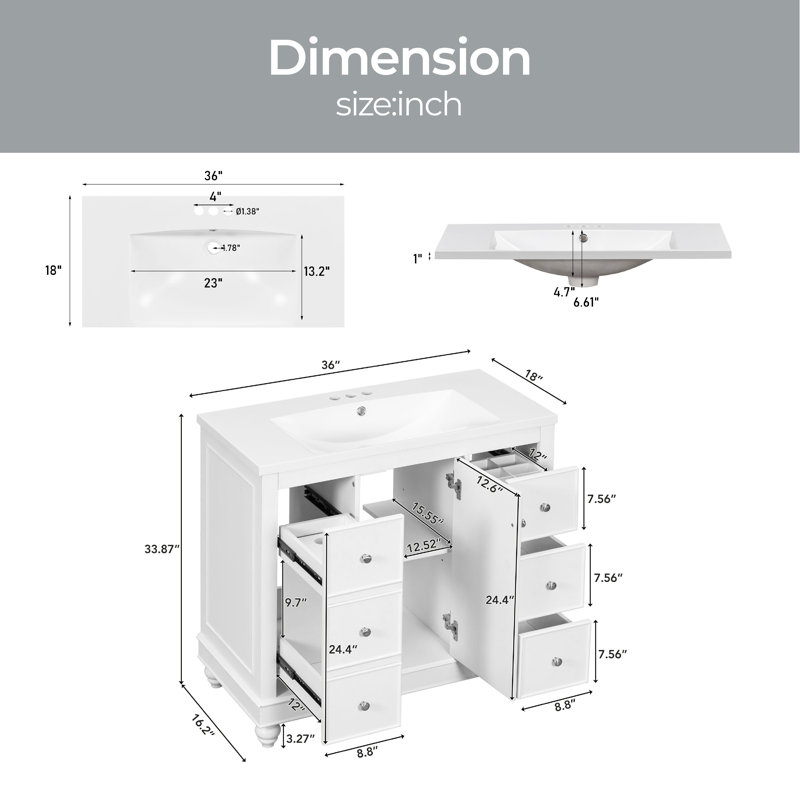 Meuble-lavabo contemporain blanc - 36 po x 18 po x 34 po, 4 tiroirs et 1 porte d'armoire, rangement polyvalent, lavabo intégré en résine, tablettes réglables, structure en bois massif avec panneau de fibres à densité moyenne