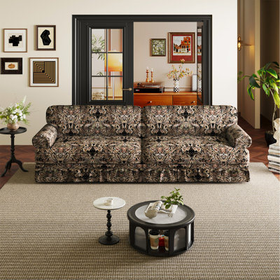 Canapé 93,7 po luxueux et confortable à 4 places Cloud, canapé en tissu Oxford avec accoudoirs roulés élégants et jupe plissée, canapé Mid-Century 26,4 po pour siège, bureau, floral noir