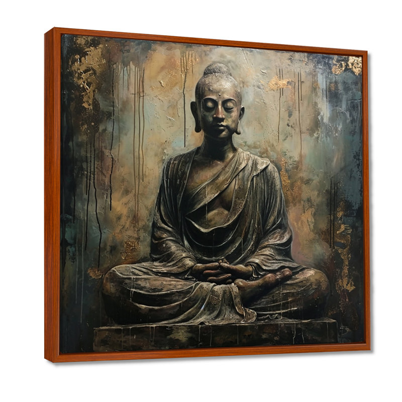 Bouddha rétro, art bleu argenté, Toile avec cadre flottant brun, H 16 po x l 16 po x P 1 po