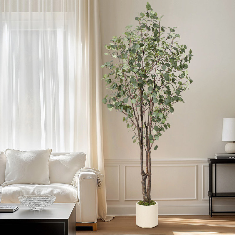 Ensemble de plantes de plancher réaliste, eucalyptus artificiel avec pot de fleurs blanc et lumières, idéal pour les petits espaces, le bureau à domicile et le salon