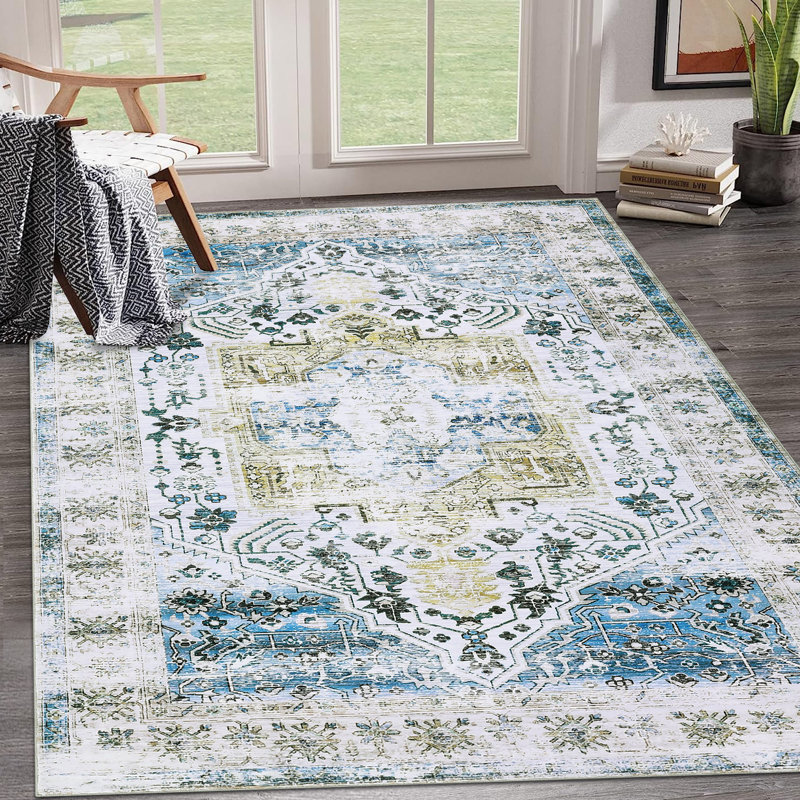 Area RugRugs for Living RoomNon Slip Stain Resistant Kitchen RugVintage Distressed Accent Rug Floor Cover for Bedroom, Blue
