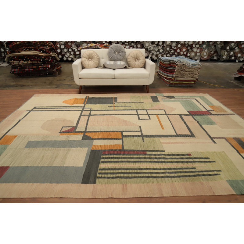 Tapis kilim moderne et abstrait 9 x 12 avec des formes géométriques colorées
