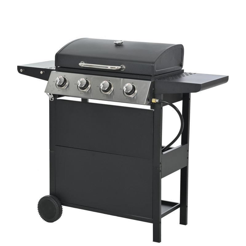 Barbecue au propane en acier inoxydable avec 4 brûleurs, avec deux tablettes, des roues et un système d'allumage pour brûleur de patio en acier