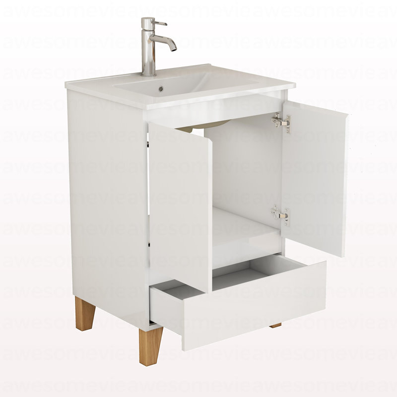 Ensemble de meuble-lavabo moderne 24 po avec lavabo, meuble-lavabo avec 2 portes et 1 tiroir, système anti-arrosage, conception sans poignée, lavabo à pieds en bois massif naturel, facile à assembler, blanc brillant