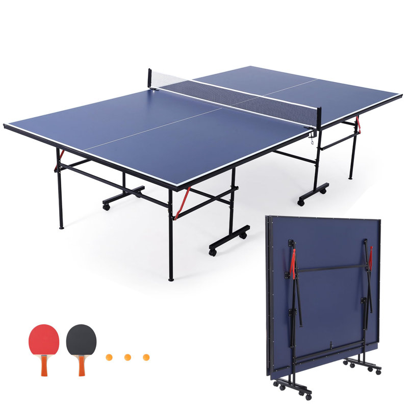 Ensemble de 2 tables de ping-pong portatives de 2,74 m (9 pieds) pour l'intérieur et l'extérieur – Comprend des raquettes, des balles et un filet – Bleu