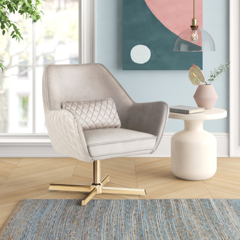 Ursuline Upholstered Swivel Armchair, Velvet, Gold, Cream