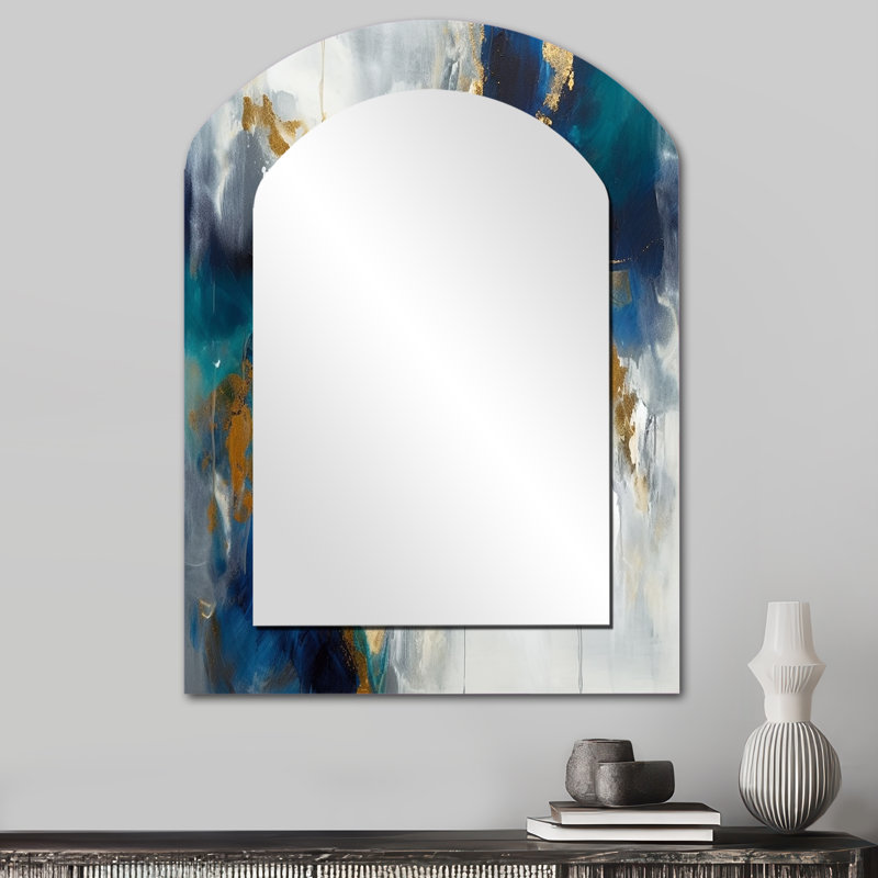Deep Knowing Abstract In Royal Blue And Gold VI - Abstract Painting Arch Mirror, Gold Asymmetrical Decorative Wall Mirror, Printed Metal Art