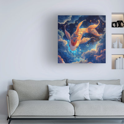 Art mural sur toile tendue - art mural Wumples «Cloudy Koi Fish with Bubbles» pour le salon, la chambre à coucher ou le bureau - 14 x 14