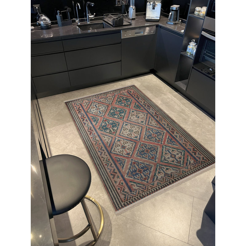 Tapis décoratif rétro multicolore à motif rose, Rectangle 4 pi 11,06 po x 7 pi 6,55 po
