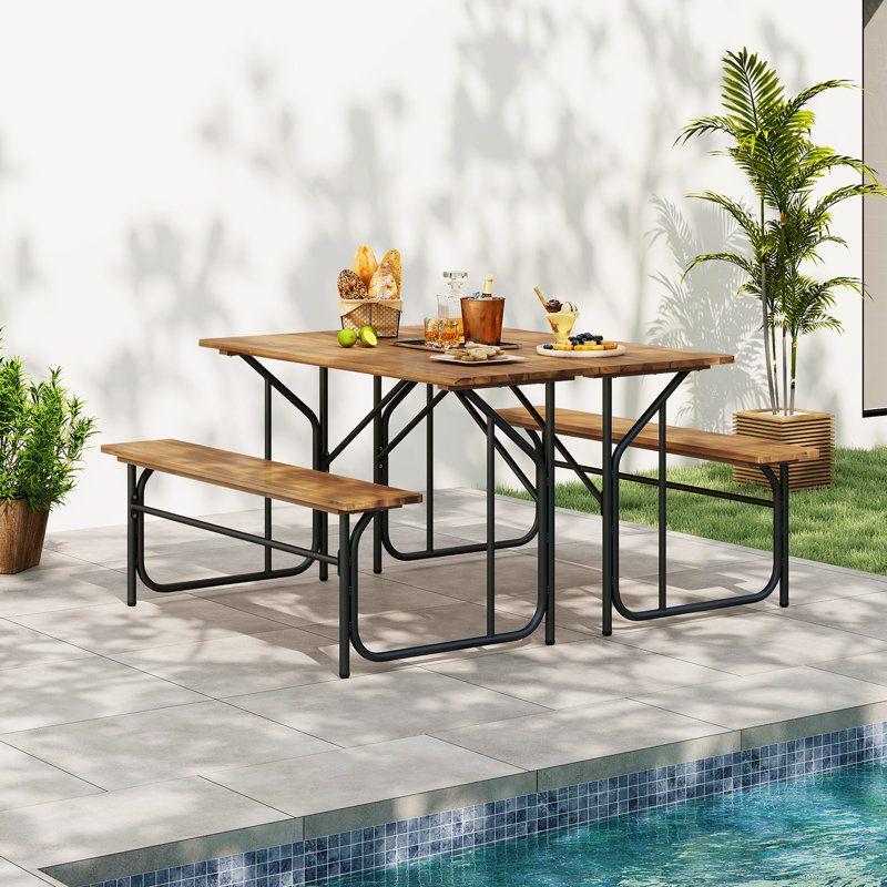  2PCS Table Bench Set for Picnic Table & Loveseat w/Acacia Wood Top Metal Legs