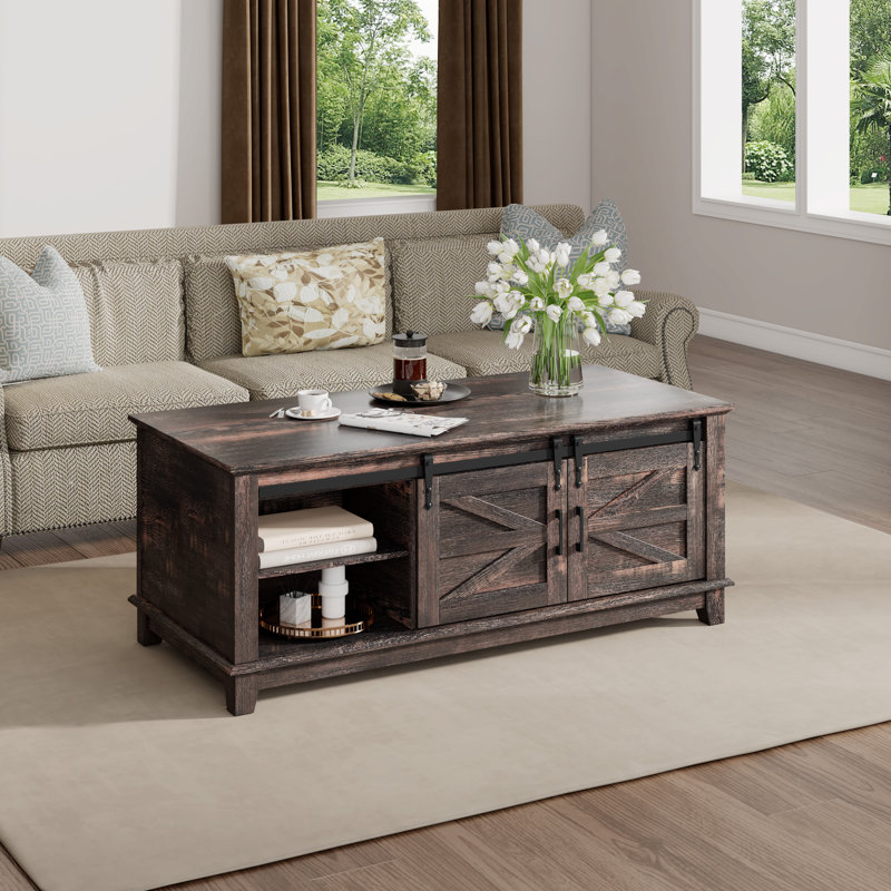 Table basse Hutchison Farmhouse avec portes de grange coulissantes, table de salon de 48 po avec tablettes réglables