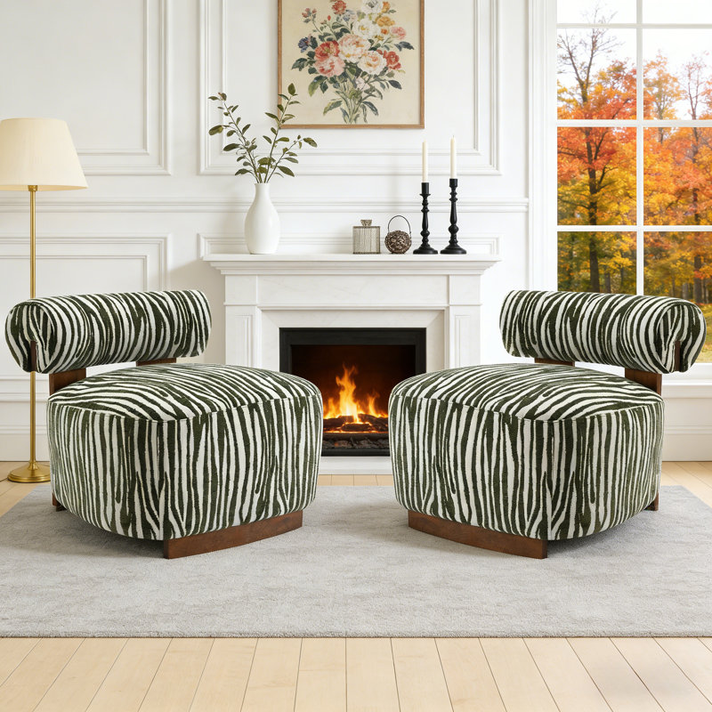 2-Pieces Zebra Strips Accent Chair With Cylindrical Back Chenille Upholstered Cozy Chair With Wood Frame Cute Chair For Living Room, Bedroom