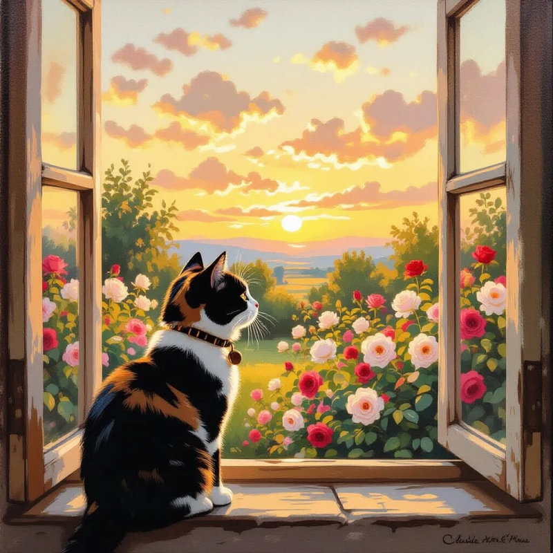 «Window to Spring: Calico Cat and Rose Garden», toile tendue, H 20 po x l 20 po