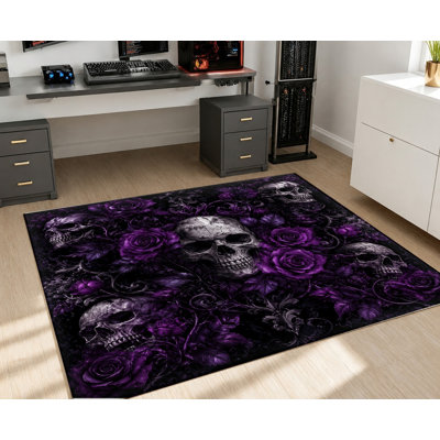 Tapis gothique à tête de mort rose, motif floral rose foncé et crâne gothique, détail artistique, lavable à la machine, envers antidérapant, tapis d'intérieur élégant pour salon, chambre à coucher, appartement