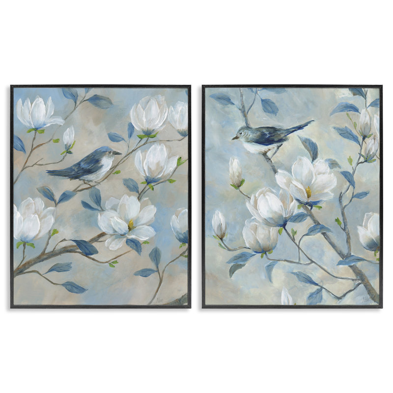 Ensemble de 2 giclées encadrées Blue Birds in Magnolia Tree, design par Nan, Giclée noire de minuit encadrée