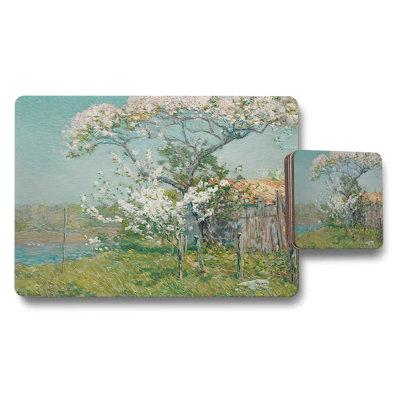 Spring Garden Scene Placemat And Coaster Set With Floral Artwork
