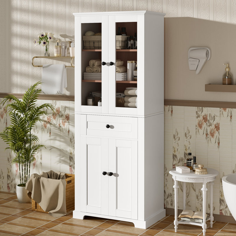 67.2" Tall Freestanding Bathroom Storage Cabinet With Tempered Glass Doors, Adjustable Shelves & Drawer, White