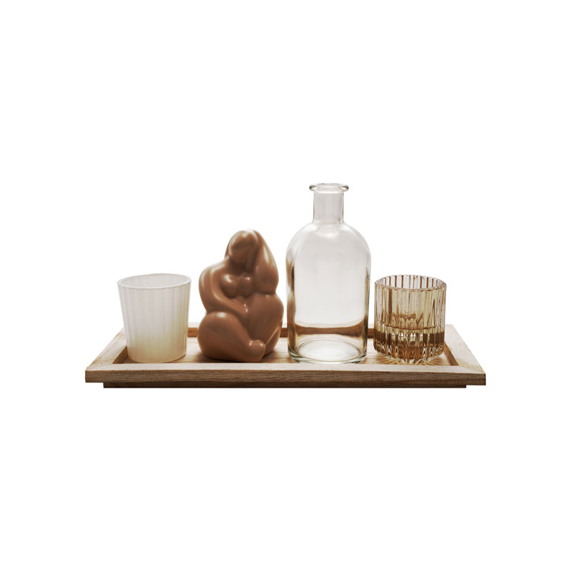 2 Glass Tealight/Votive Holders, 1 Vase And 1 Ceramic Figure On A Paulownia Wood Tray