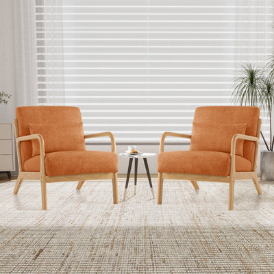 Accent Chair Set of 2 with Pillow Upholstered Mid-Century Chair Living Room Chair for Small Space Solid Wood Frame Reading Chair with Soft Thick Cushion Armchair for Bedroom Balcony Orange