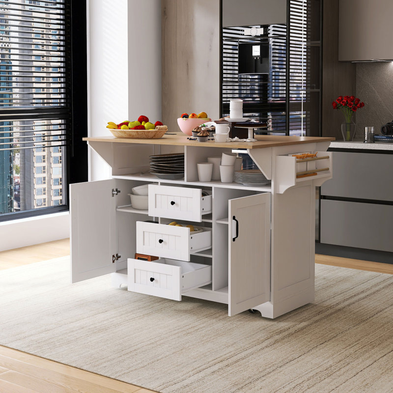 55.7''  MDF Large Kitchen Island With 2 Drop Leaf, White