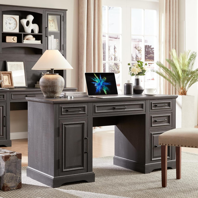 Ohana 58'' W Rectangle Computer Desk with Storage Cabinet and Drawers, Workstation for Office Home, Black