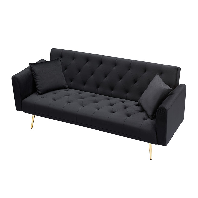 Lit double pliable de style rétro américain de 71 pouces en velours noir, idéal pour les petits espaces comme les appartements, réglable en 3 positions, avec pieds dorés, siège et dossier rembourrés de mousse en velours noir, pouces