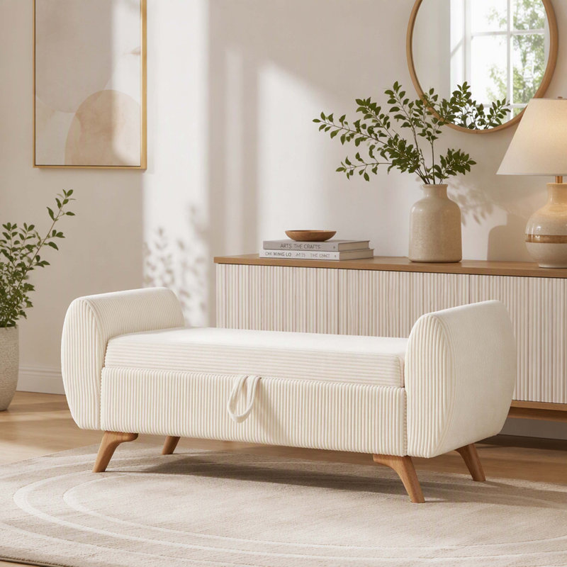Banc de rangement moderne en velours côtelé de 145 cm de large, avec espace de rangement intégré et pieds en bois. Convient aux chambres et aux couloirs. Couleur : beige.