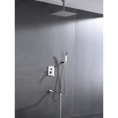 Système de douche fixé au plafond - Nickel brossé, acier inoxydable avec douchette et tête de 16 po pour une expérience de pluie naturelle compatible avec les buses autonettoyantes en nickel