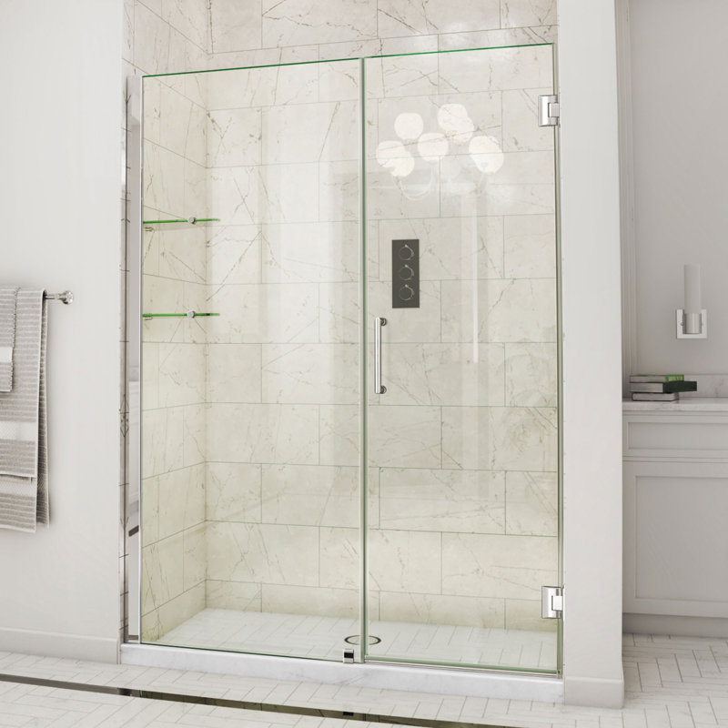 DreamLine Unidoor 51 - 52 inch W x 72 inch H Frameless Hinged Shower Door with Shelves in Chrome, Chrome, 52"