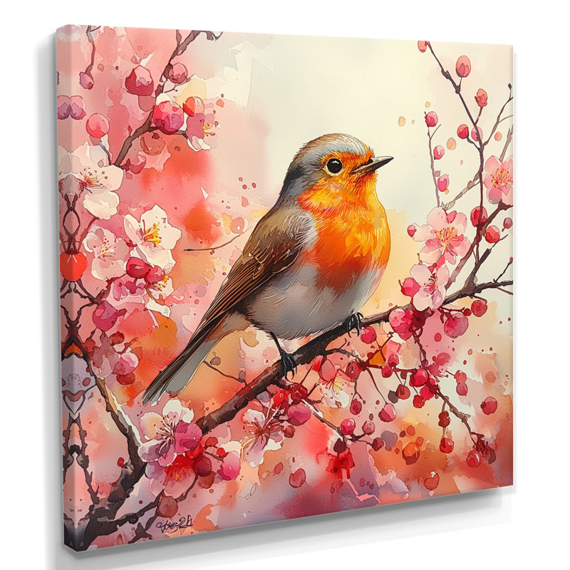 Oiseau rouge-gorge Robin, H 36 po x l 36 po, Toile tendue, Ne s’applique pas