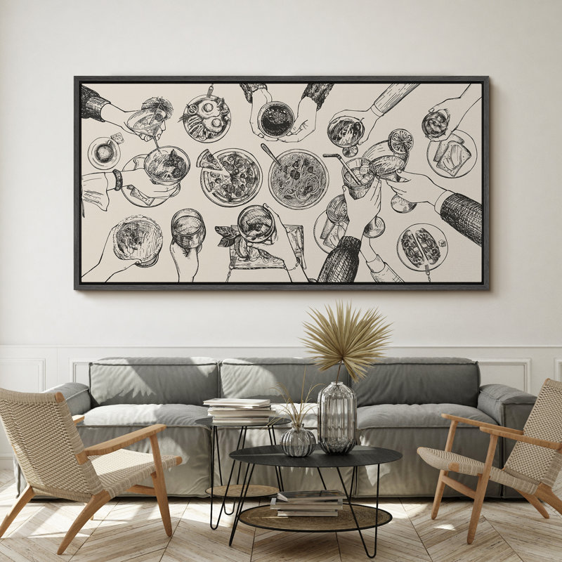 Kitchen Food " Culinary Dinner Gathering Sketch, Modern Black and Beige Dining Scene, Food And Drinks Pizza Noodle Juice, Kitchen Decor " Extra Large Framed Canvas Print Wall Art