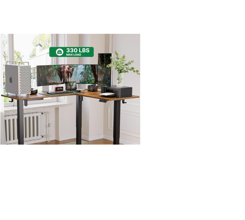 Bureau pour travailler debout électrique en forme de L avec prise de courant intégrée, bureau d'ordinateur en coin avec support pour écouteurs, brun