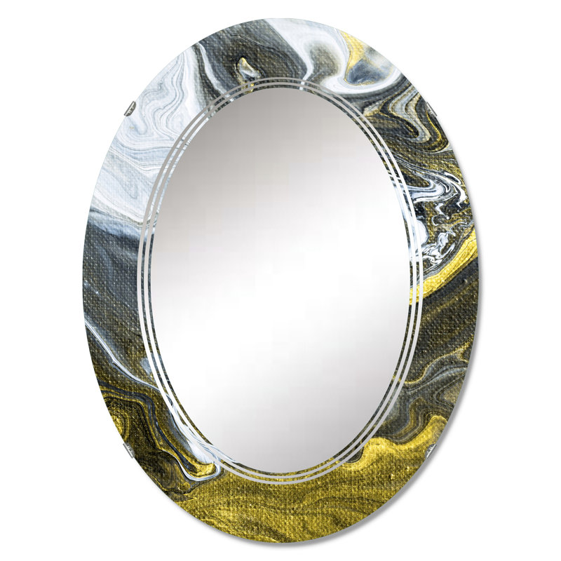 Nuage de marbre doré blanc et jaune V - miroir mural moderne ovale, 30 po x 20 po