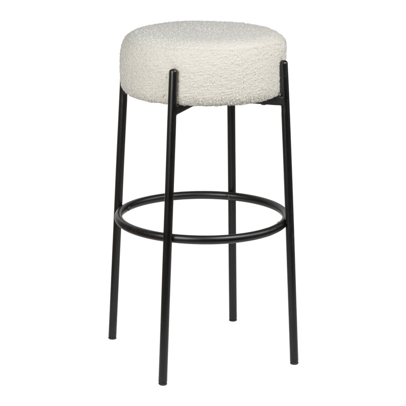 Paola 30" Industrial Round Backless Bar Stool, White Bouclé Seat and Black Metal Frame for Kitchen Island or Home Bar, White