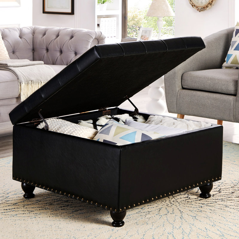 Large Square Storage Ottoman With Wooden Legs, Upholstered Button Tufted Coffee Table With Nail Trims, Black