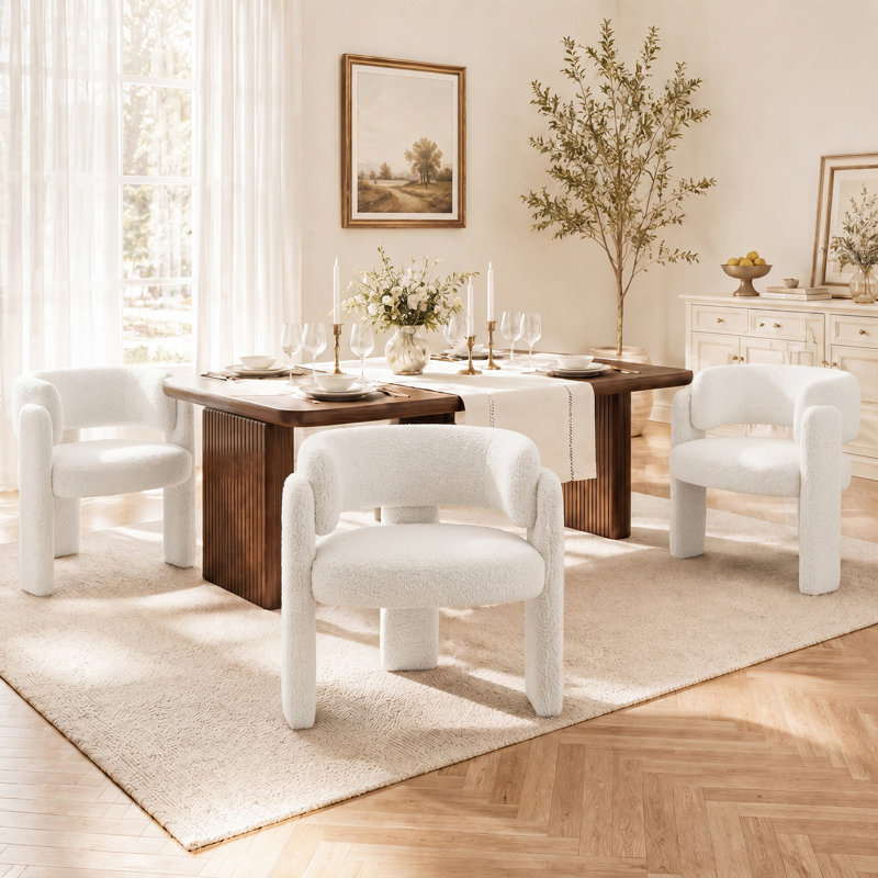 Modern Upholstered Barrel Dining Armchair, Cream