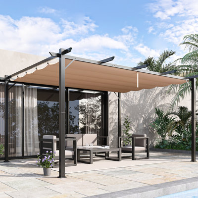 Patio Pergola With Retractable Sunshade - Backyard Cover For Porch, Outdoor Gathering, Garden Charcoal Gray Canopy Meeting, Garden, Grill Gazebo Shade Aluminum