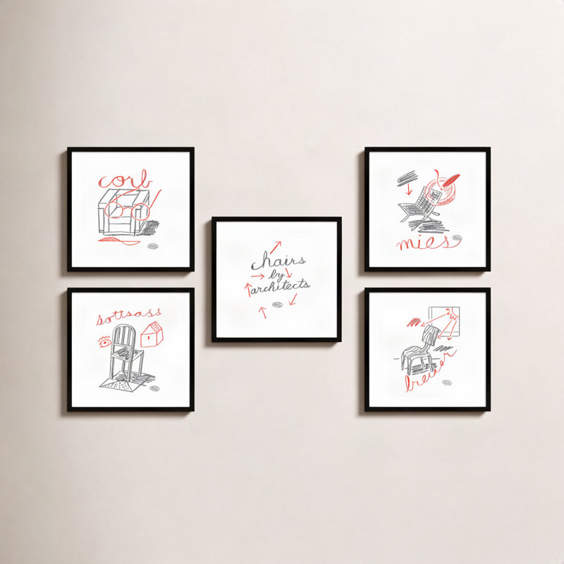 Chaises. Ensemble de 5 encadrés par Jeff Jackson, L 10 po x H 10 po, Papier avec cadre simple noir