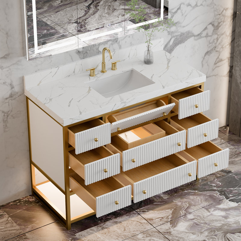 Celestia 48" Modern Freestanding Single Bathroom Vanity with LED Light, Engineered Stone Top in White with Gold Frame, White