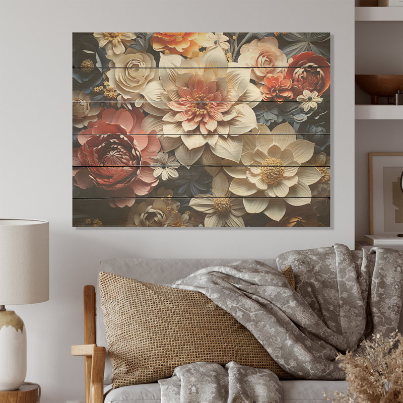 Bouquets de fleurs multicolores, art moderne sur bois de pin naturel, H 10 po x l 20 po