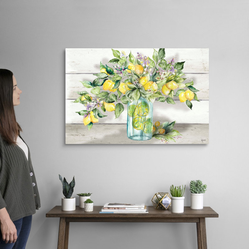 " Watercolor Lemons In Mason Jar Landscape " by Tre Sorelle Studios, Wrapped Canvas, No Frame, 24" H x 36" W