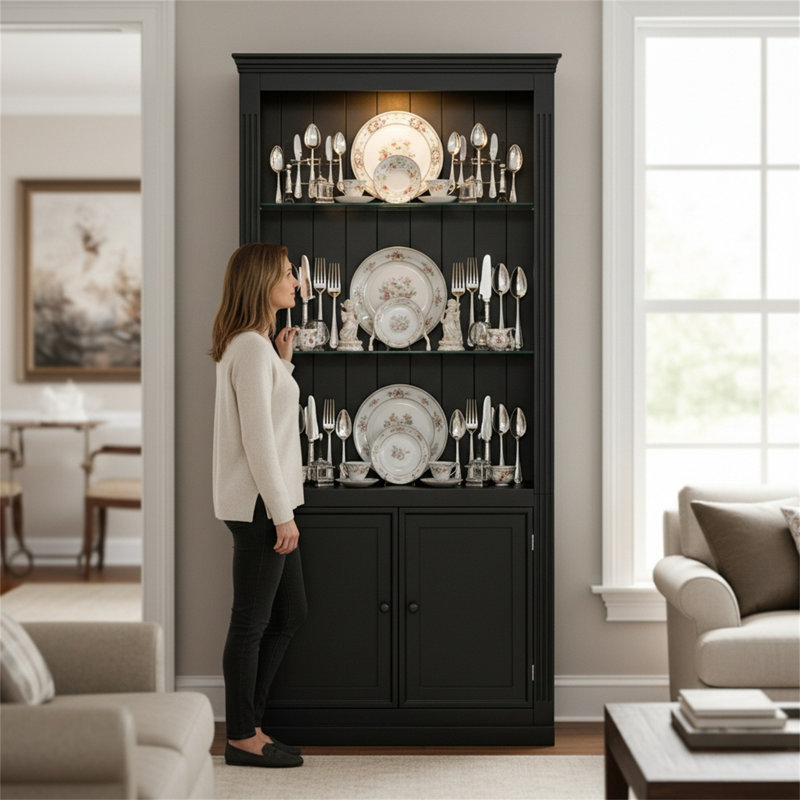 Four-tier Black Display Stand With Adjustable Five-color Ceiling Light, Featuring Adjustable Glass Shelves.