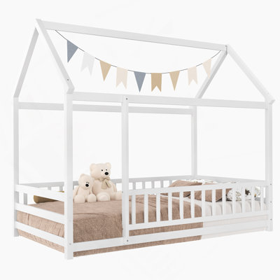Twin Size Wooden Bed With House Roof Frame, Fence Guardrails, And Spacious Mattress Area For Comfortable And Safe Sleep