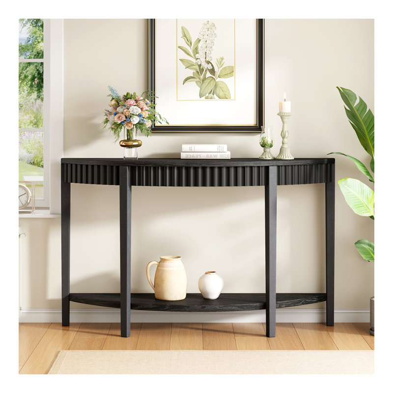 Élégante table d'entrée en demi-lune de 55 po Mirod avec placage en bois et tablette ouverte - une pièce décorative raffinée pour les couloirs ou les vestibules